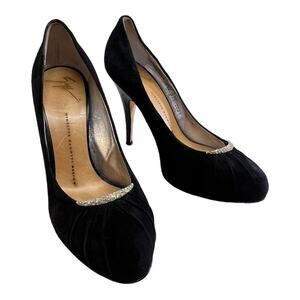 GIUSEPPE ZANOTTI Elegant Black Suede Faux Diamond Embellished Heels SZ 7